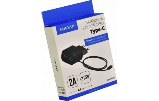 СЗУ Maxvi TCM-200TB 2A +кабель Type-C 1,2m Black