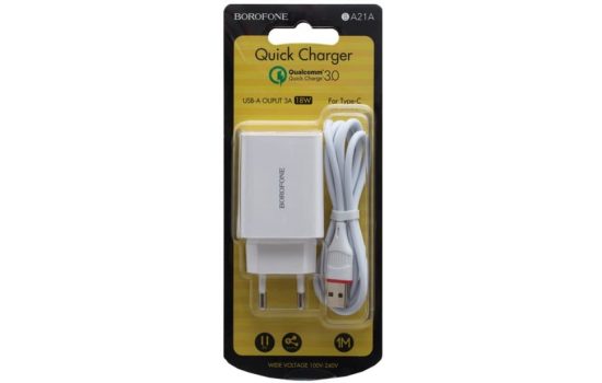 Сетевая зарядка Borofone BA21A 18W, 3A 1USB+type-C 1m White