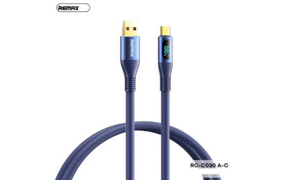 Remax RC-C030 USB Type-C Blue быстрая зарядка, цифровой дисплей