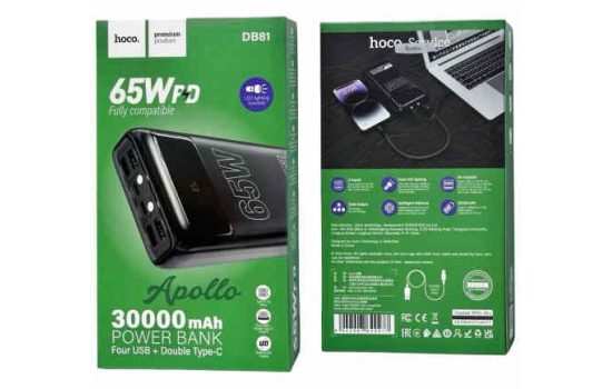 Внешний аккумулятор Hoco DB81 30000mAh 65W LED фонарь Black